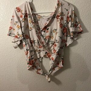 Angel Kiss Floral Tie-Front Blouse - Cream and Pink